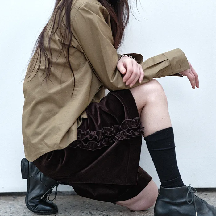 RUFFLE COTTON VELVET CULOTTE PANTS - BROWN - 감도 깊은 취향