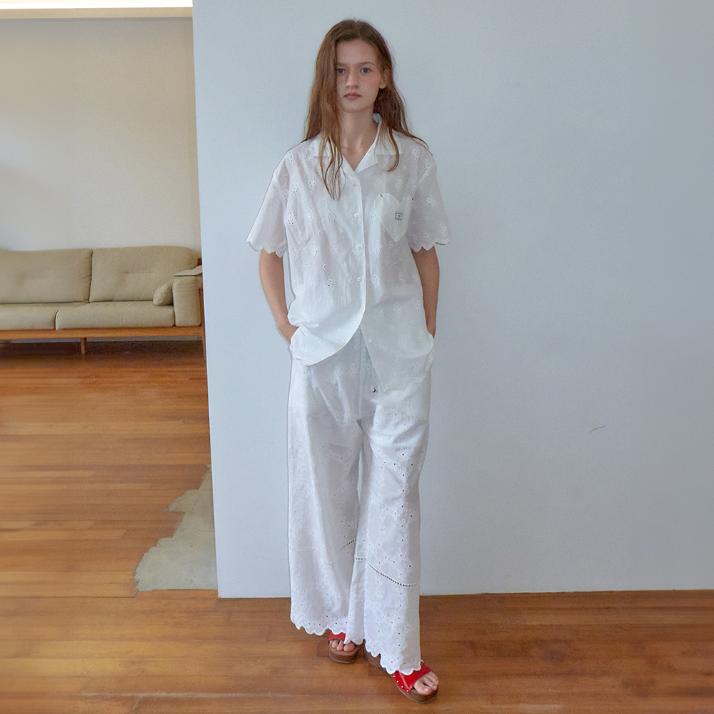 RONRON★韓国★人気★[SET] COTTON EYELET SCALLOP SHIRT SET UP RONRON COTTON EYELET SCALLOP STITCH HEART POCKET SHORT SHIRT