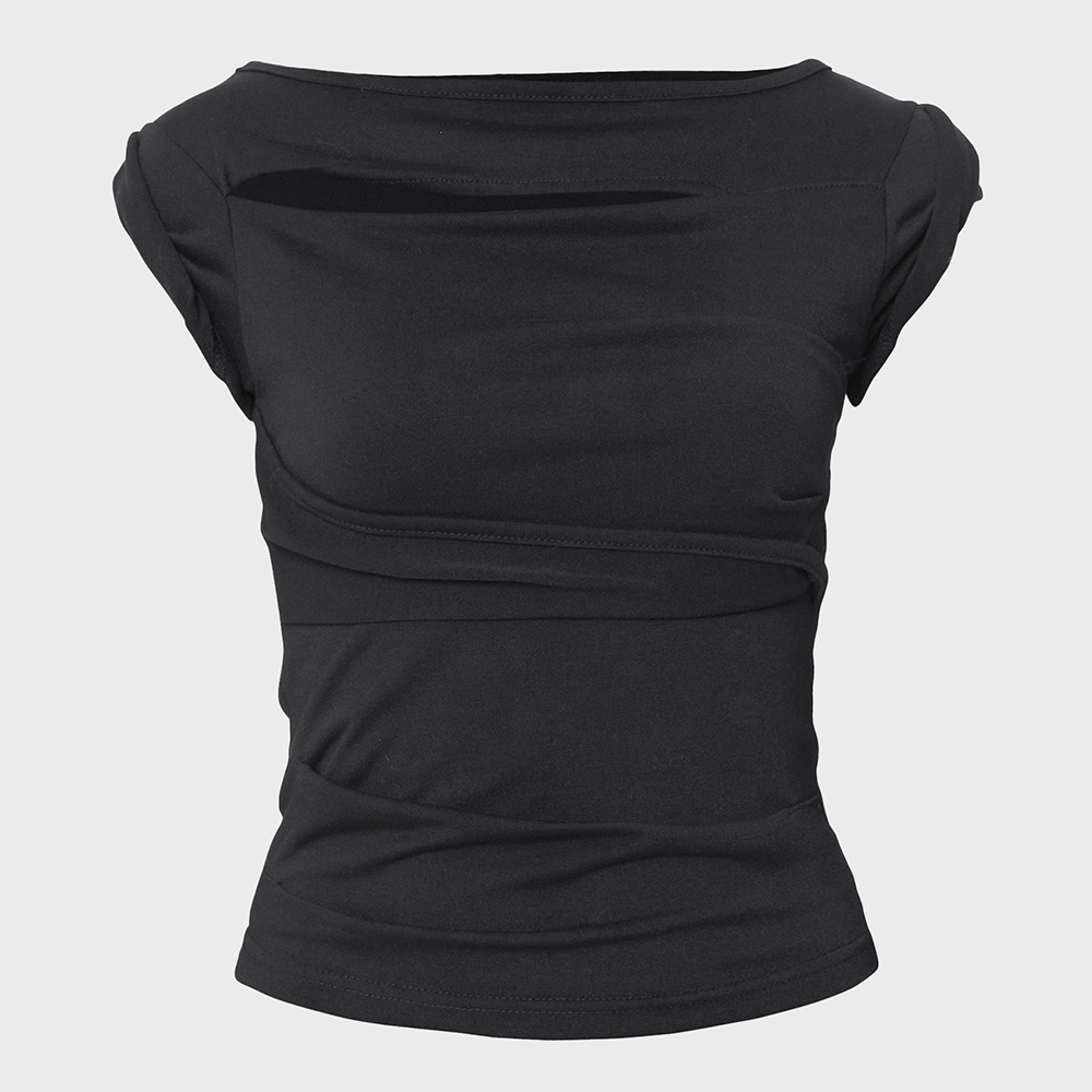 韓国 人気 [FLAREUP] ASYMMETRICAL DRAPED ROLL-UP T-SHIRT Asymmetrical Draped Roll-Up T-Shirt (FL-165_Black) - 감도