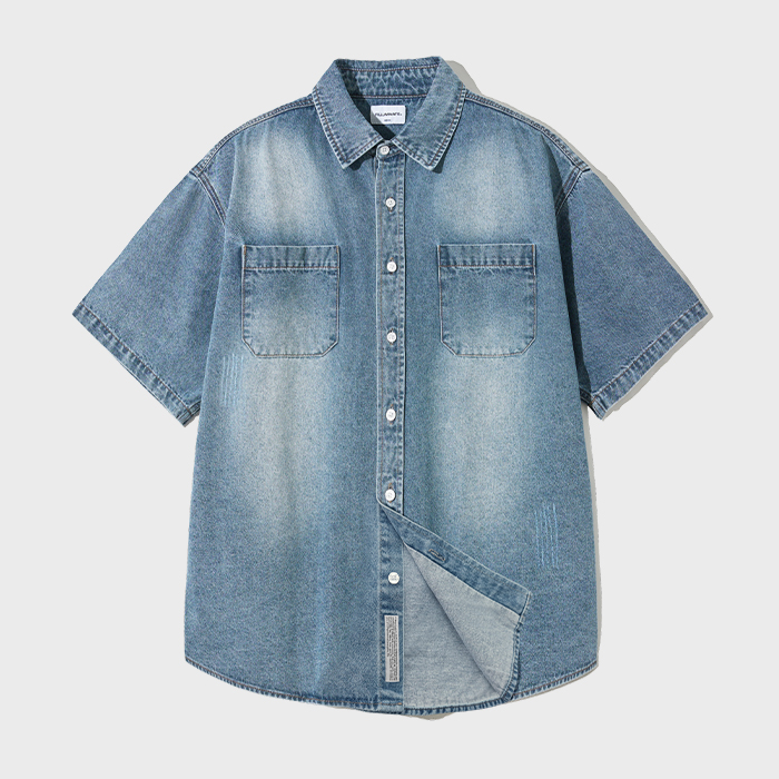 【THE COLDEST MOMENT】TCM mini logo denim half shirts シャツ TCM shirring half windstoper TCM mini logo denim half shirts