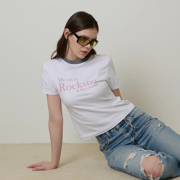 Tシャツ・カットソー [ JOEGUSH ] My cat is Rockstar (CROP VER.) My cat is Rockstar T-shirt (Crop ver.) (White/Grey) - Joe Gush
