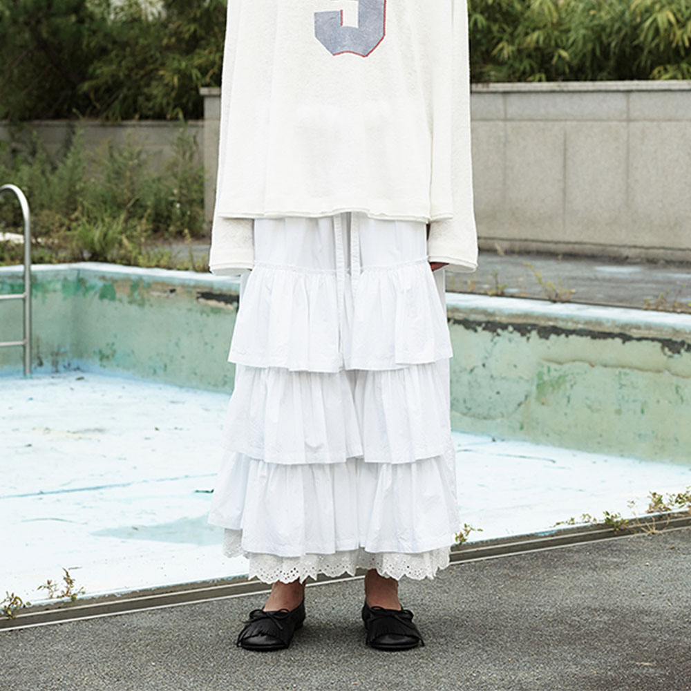 韓国商品/OPEN YY ROLLED WAIST TIERED SKIRT ROLLED WAIST TIERED SKIRT (WHITE) - 감도 깊은 취향 셀렉트샵 29CM