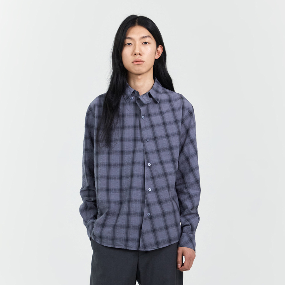 MENS GARMENT DYED CURVED CHECK SHIRT SLATE GREY - 감도 깊은