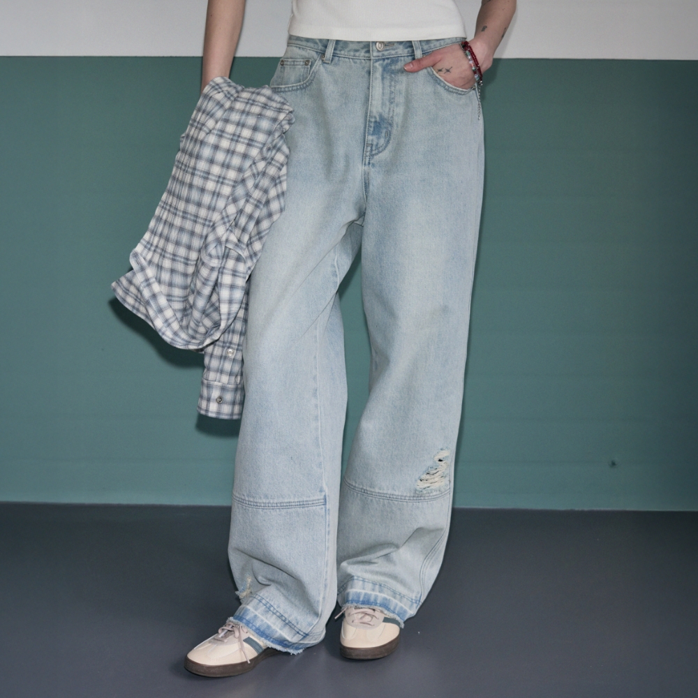 【Avandress】This is wide pants Knife Damage LIGHT BLUE This is wide pants Knife Damage LIGHT BLUE - 감도 깊은 취향