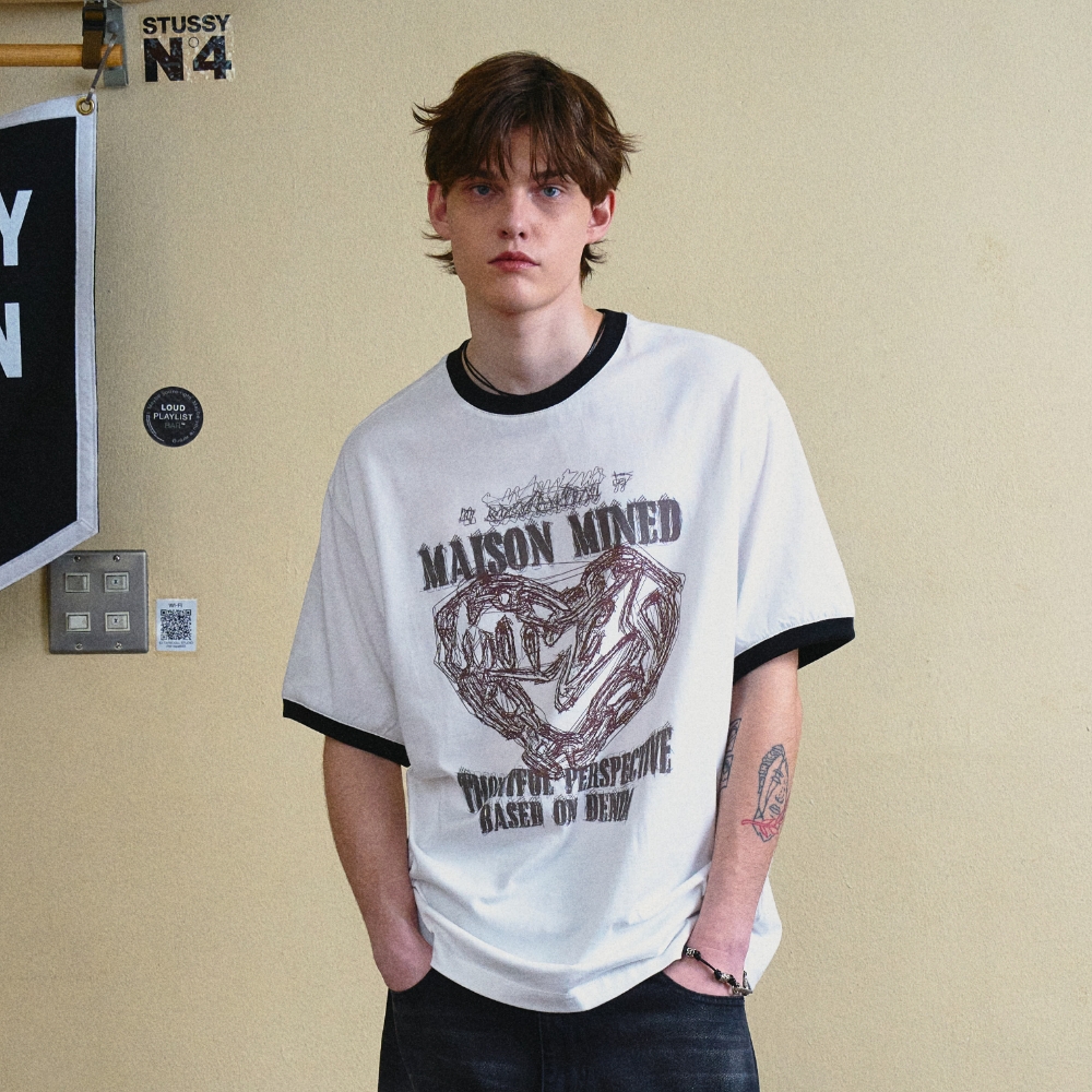 【MAISON MINED】24SS★ DOODLE HEART HALF T 메종미네드 ~30% - DOODLE HEART HALF T WHITE RED