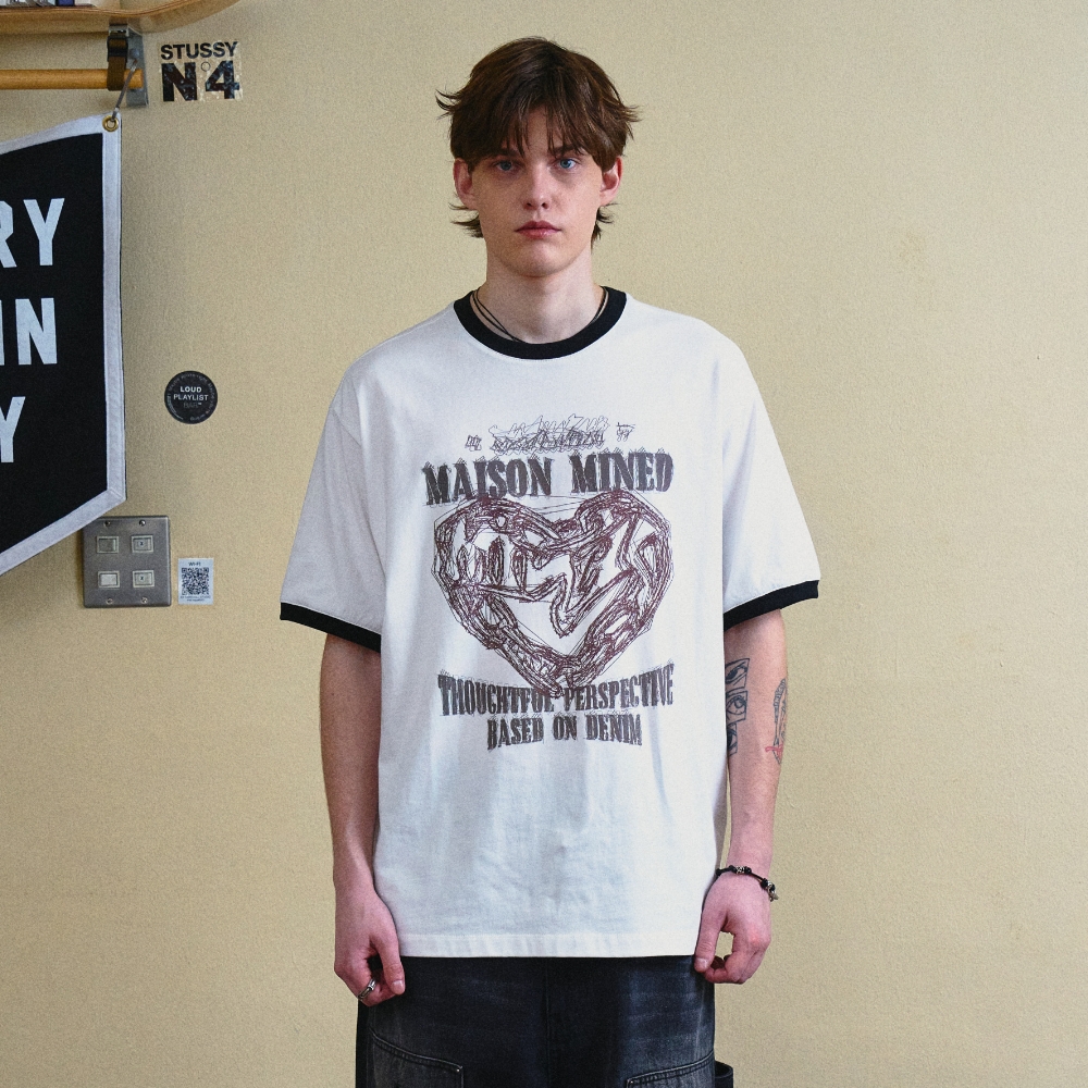 【MAISON MINED】24FW★ DOODLE HEART RINGER HALF T DOODLE HEART RINGER HALF T WHITE RED - 감도 깊은 취향 셀렉트