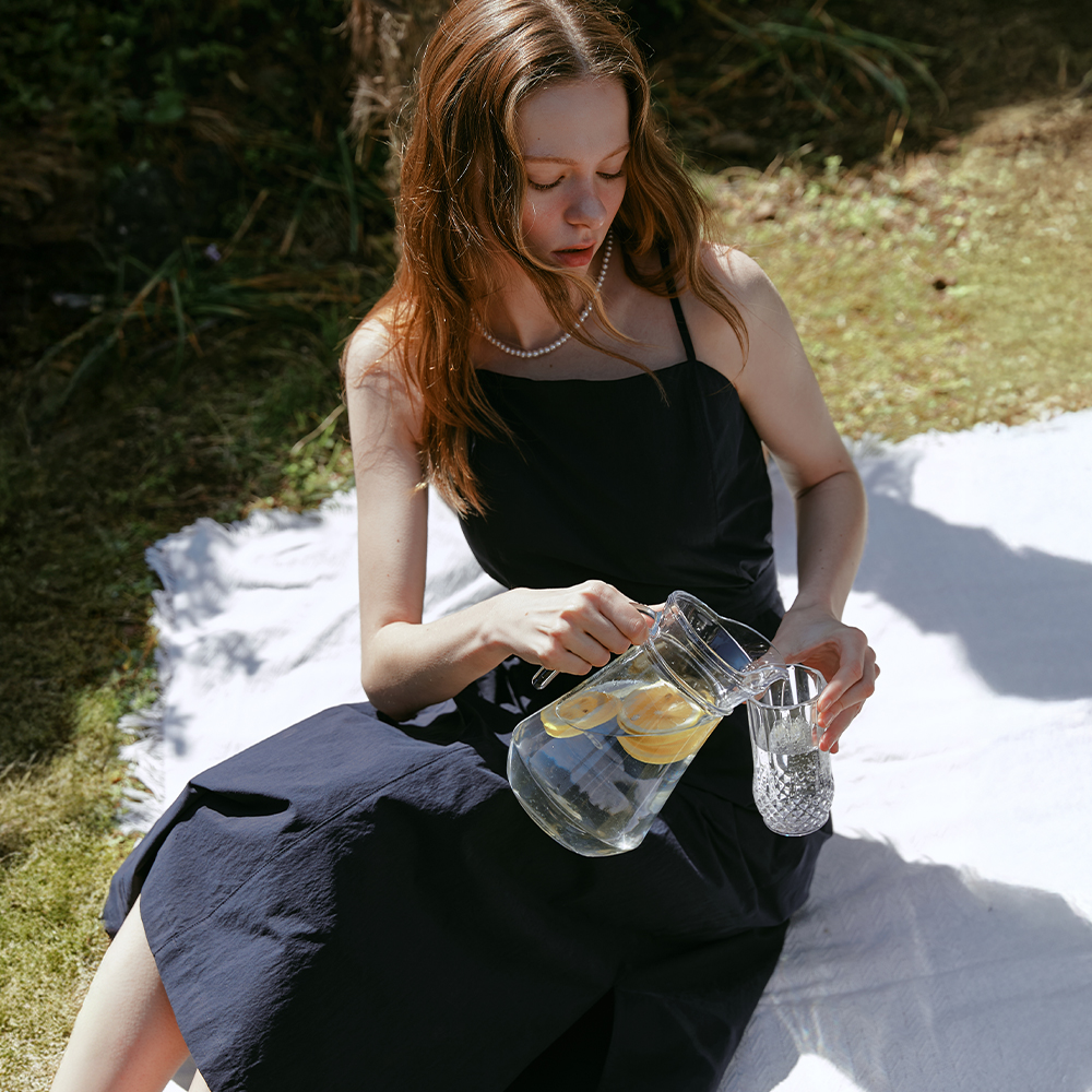 LONE check puff shoulder linen dress_navy - 감도 깊은 취향