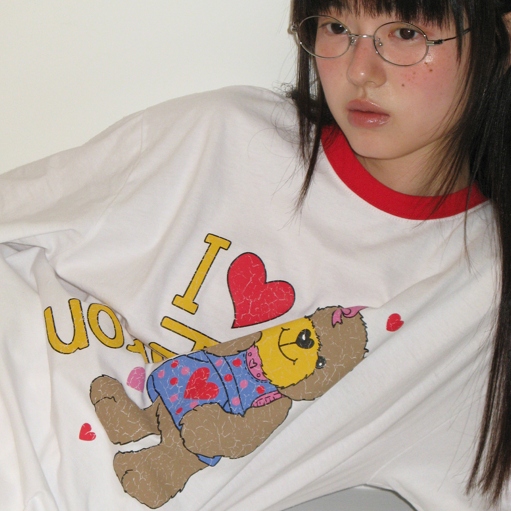 ★2025SS新作★RONRON★I RR BEAR CRACK OVER FIT T SHIRT I RR BEAR CRACK OVER FIT T SHIRT WHITE RED - 감도 깊은 취향