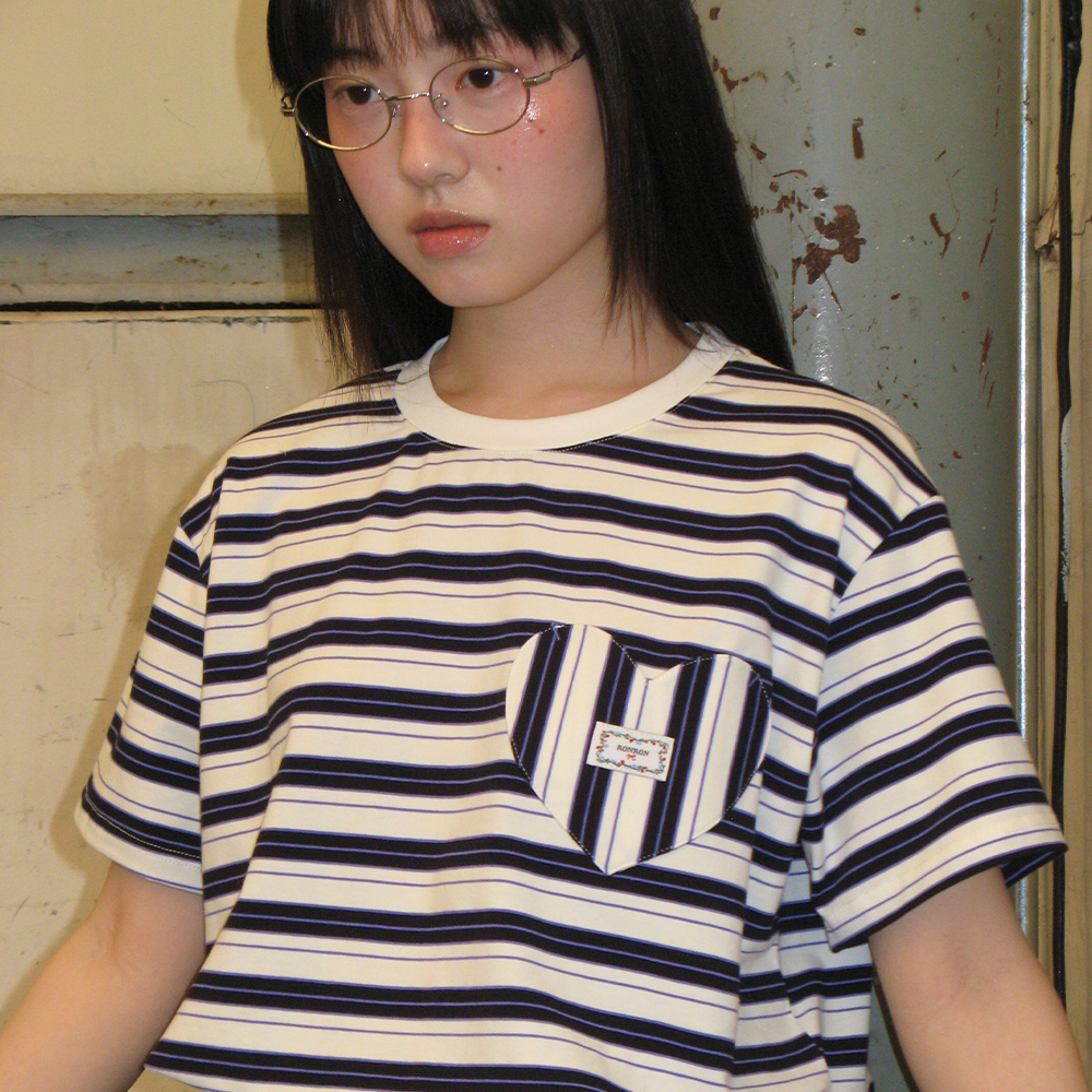 Tシャツ・カットソー RONRON MULTI STRIPE HEART POCKET BASIC FIT T SHIRT BLUE RR25 MULTI STRIPE HEART POCKET BASIC FIT T SHIRT BLUE - 감도 깊은