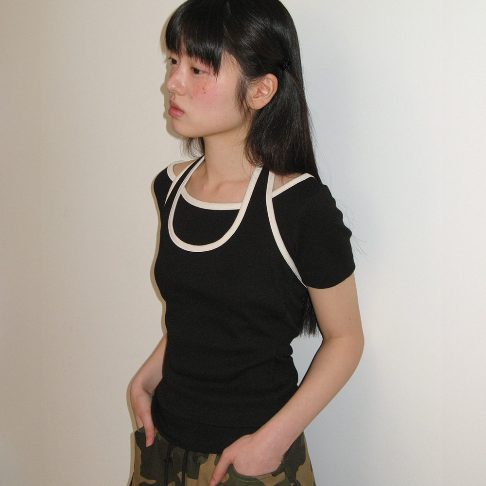 KNOT BUSTIER 2 WAY SHORT SLEEVE T SHIRT BLUE GREY DOT - 감도