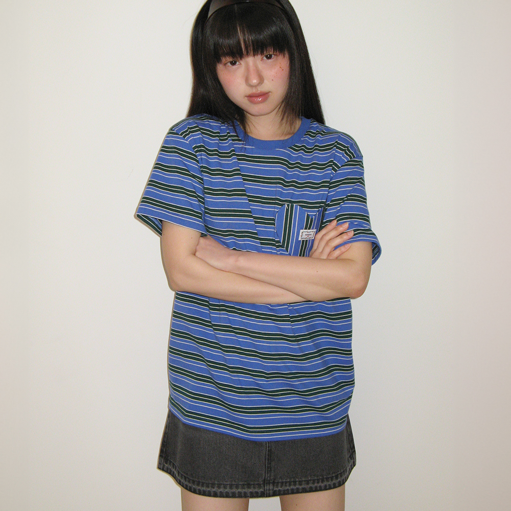 新作【RONRON】MULTI STRIPE HEART POCKET BASIC FIT T SHIRT MULTI STRIPE HEART POCKET BASIC FIT T SHIRT DEEP GREEN
