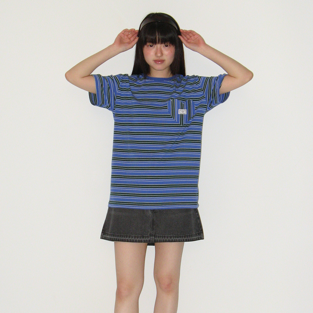 MULTI STRIPE HEART POCKET BASIC FIT T SHIRT BLUE - 감도 깊은