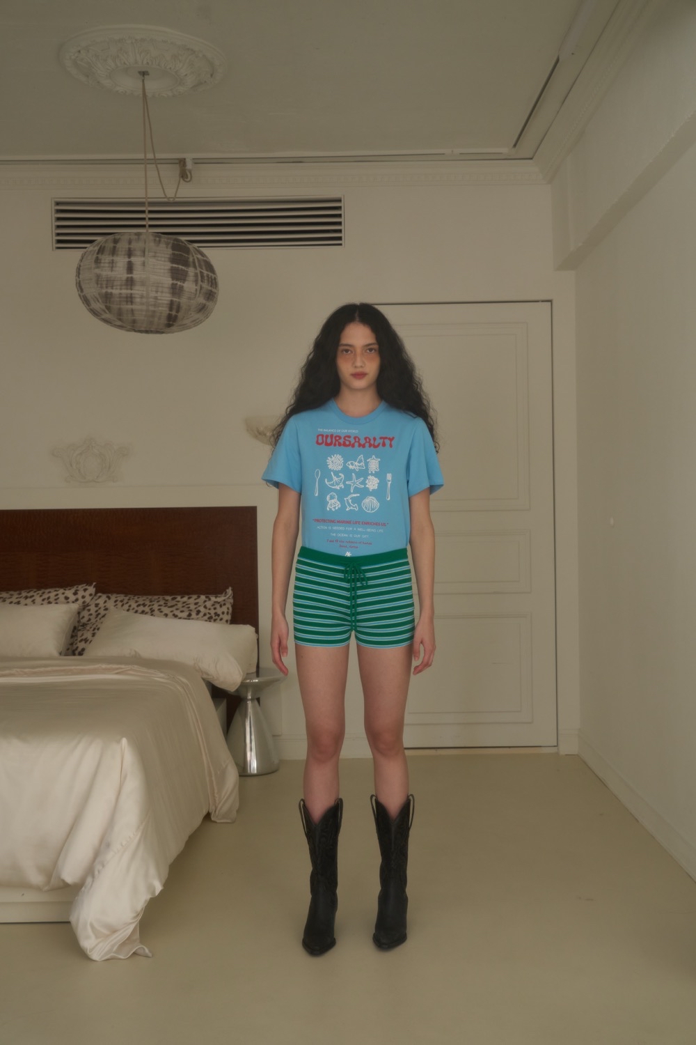 ショートパンツ [OURSAALTY] Mentors Knit Microshorts Denim Micro Shorts with Studs Detail