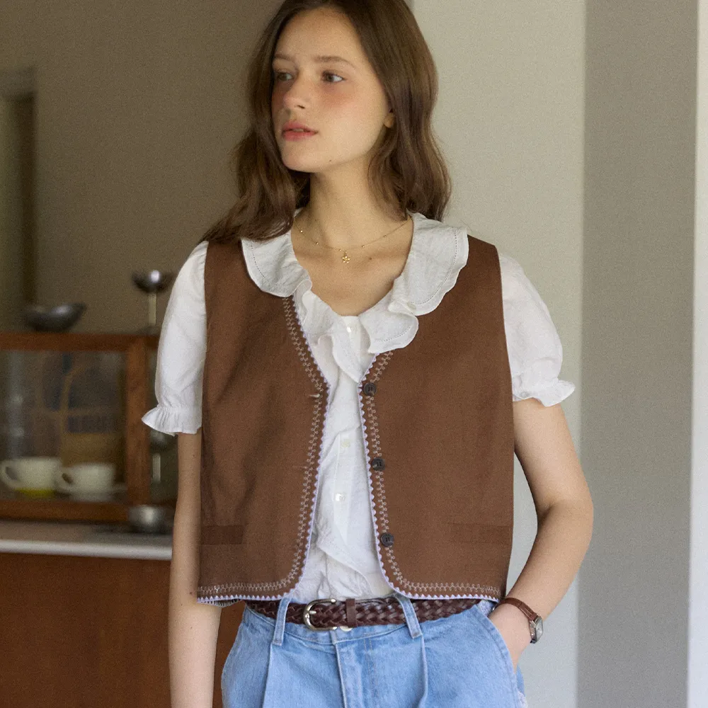 Atelier Embroidery Linen Vest - Brown