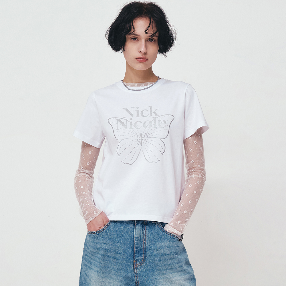 韓国女子 ロゴTシャツ[NICK&NICOLE] LABEL SLIM HALF TOP NICK&NICOLE(ニックアンドニコール)のレディース Tシャツ