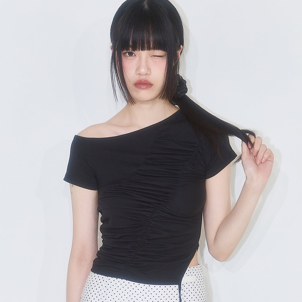 NEWALRIN ♥ NEWALRIN button Shirring off shoulder top Newerlin Button Shirring Off-Shoulder Light Gray #뉴얼린