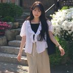 Ruffle Trim Linen Cardigan Blouse_2colors