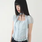리본 타이 스퀘어넥 블라우스 블루