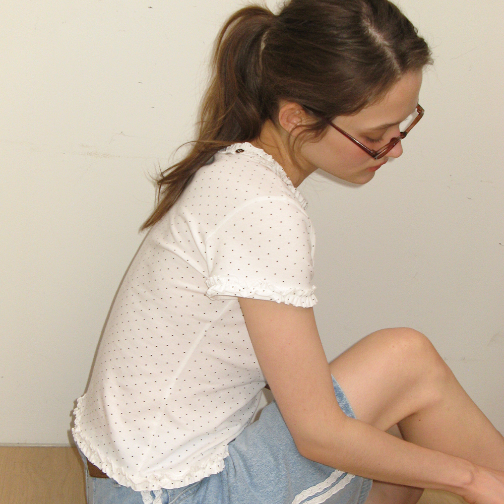 Tシャツ・カットソー RONRON NECK RUFFLE SHORT SLEEVE T SHIRT WHITE DOT RR25BST422 NECK RUFFLE SHORT SLEEVE T SHIRT WHITE DOT - 감도 깊은 취향