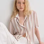 embroidery shirt blouse [Italian fabric] (brown stripe)