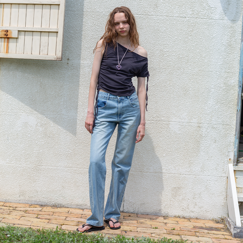 デニム・ジーパン [MATINKIM]washed stripe boots cut denim pants in smoke blu WASHED STRIPE BOOTS CUT DENIM PANTS IN SMOKE BLUE – Matin Kim