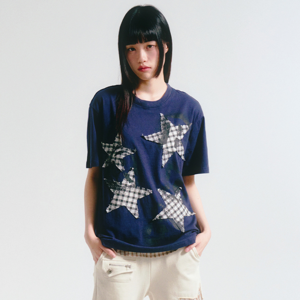 PRENDA☆PRDA BIG PATCH CREWNECK TEE PRDA SPRAY BIG PATCH CHECK STAR CREWNECK TEE BLACK - 감도