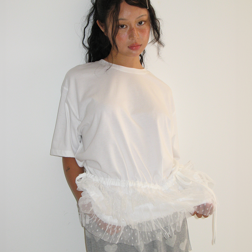 トップス RONRON TORCHON LACE SHIRRING LAYERED T ◇RONRON◇ TORCHON LACE SHIRRING LAYERED LONG T SHIRT WHITE
