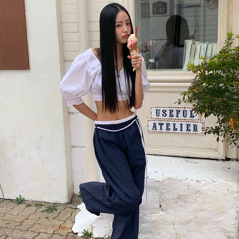 COTTON LAYERED BANDING WIDE PANTS NAVY - 감도 깊은 취향