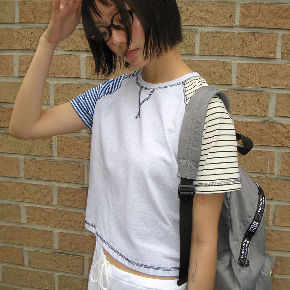 ストライプ【RONRON】MULTI STRIPE STITCH RAGLAN T SHIRT MULTI STRIPE STITCH RAGLAN T SHIRT WHITE MELANGE - 감도 깊은