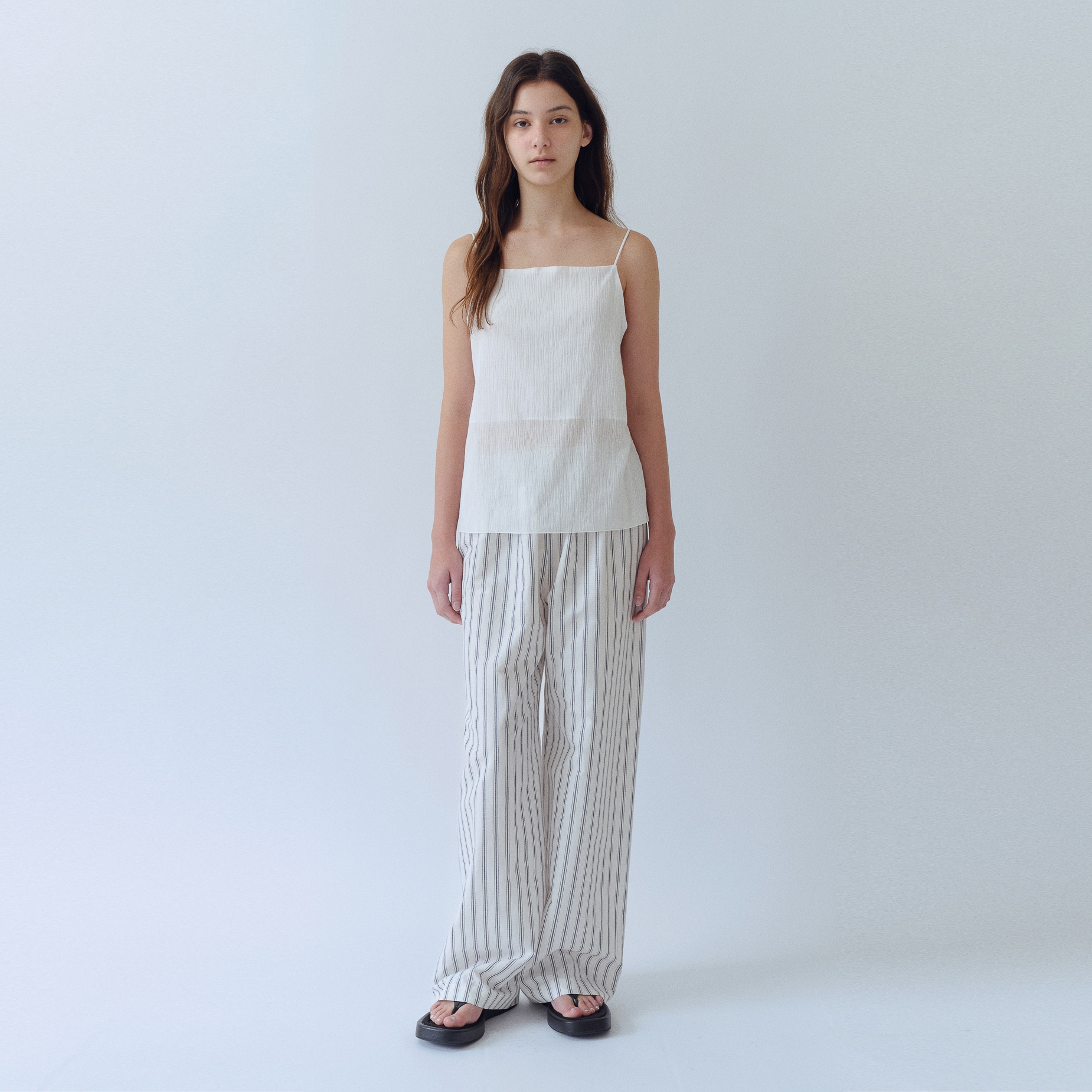 【LOOKPLE】Cool Stripe Linen Banding Pants ★ frayed-hem-striped-linen-crop-