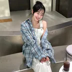 노마드 오버핏 체크 셔츠 블루