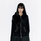 STUDDED TWO-WAY HOODIE ZIP UP, BLACK