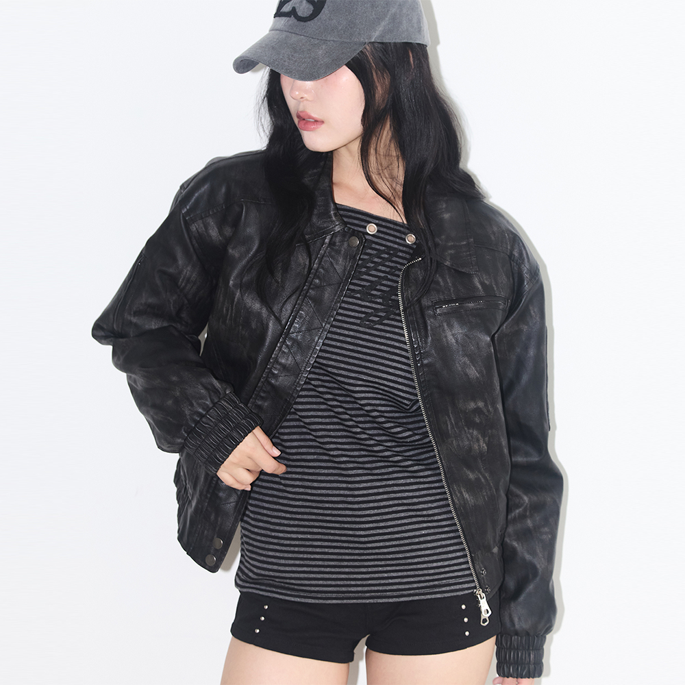 ウォッシュ加工レザーボンバージャケットブラック