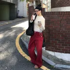 COTTON WIDE DENIM PANTS_RED DAHLIA