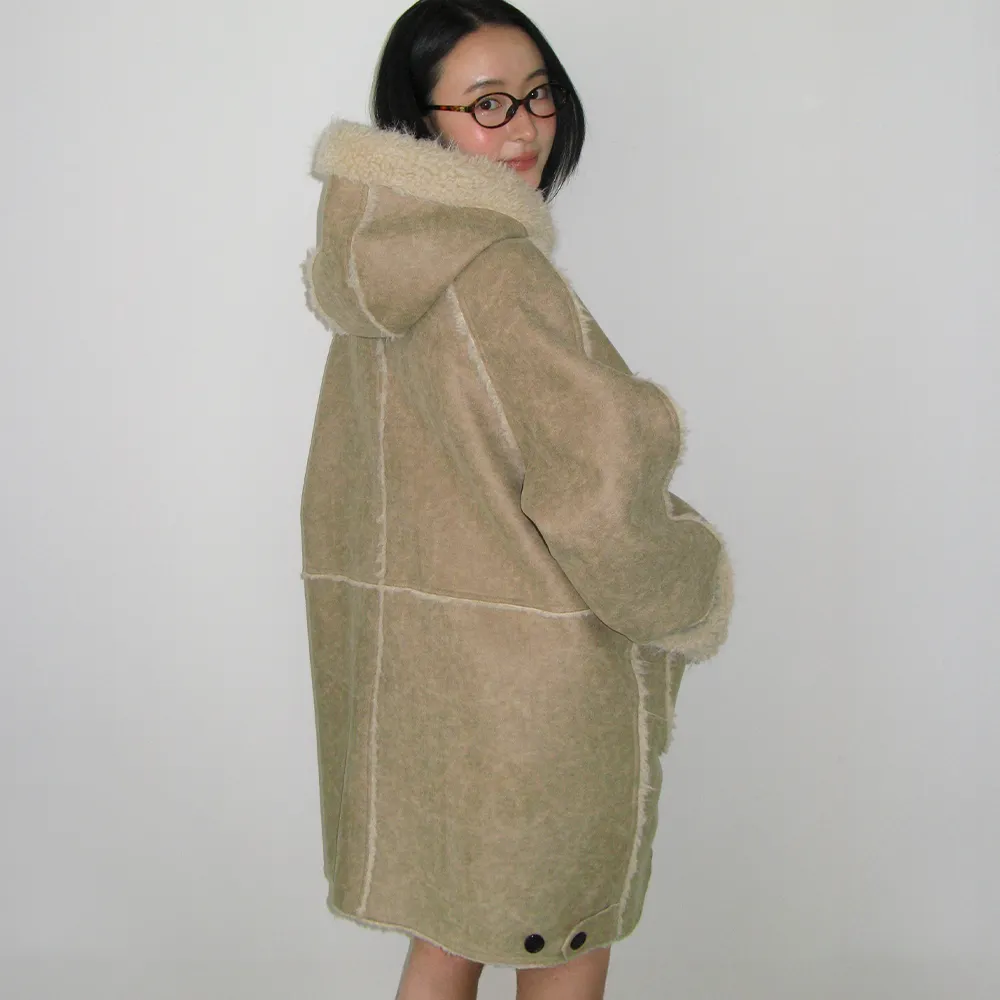 FUR HOODED BUTTON FAUX SUEDE COAT BEIGE