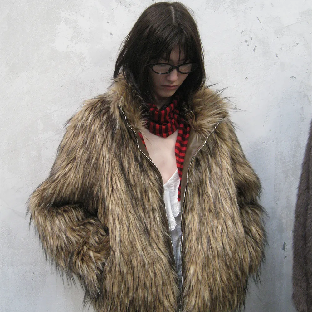 HIGH NECK FUR ZIP-UP JACKET_MIX BROWN