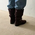 Slouchy Buckle Suede Boots - Dark Brown