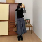 CHECK FRILL LONG SKIRT_NAVY