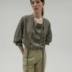 DOUBLE BUTTON COWL NECK TIE BLOUSE [GREY]