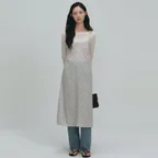 체크 슬리브리스 레이어드 롱 원피스 - 베이지