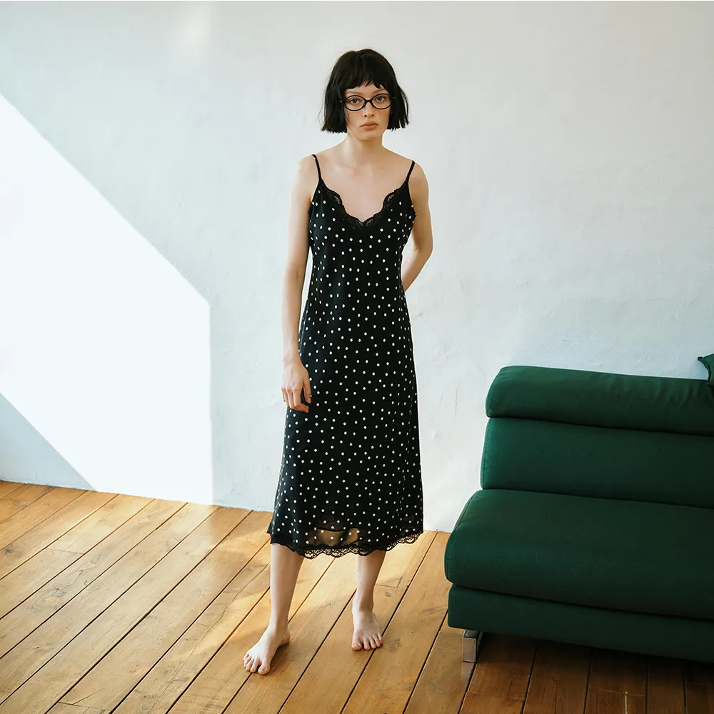 Dot Lace Slip Dress (Black)