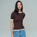 WOMEN BOAT NECK DOUBLE LAYER SLIM RIB T - TOASTED CREAM