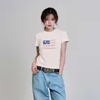 (W) USA FLAG APPLIQUE T-SHIRT - WHITE