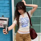 [CASPER X CHOUETTIES] Lettering Graphic Neck Slit Slim Fit T-Shirt (otmeal) LATAX26950OTM