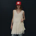 LACE EDGE PLEATED DRESS, CREAM