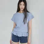 Eyelet Frill Half T-shirt Blue