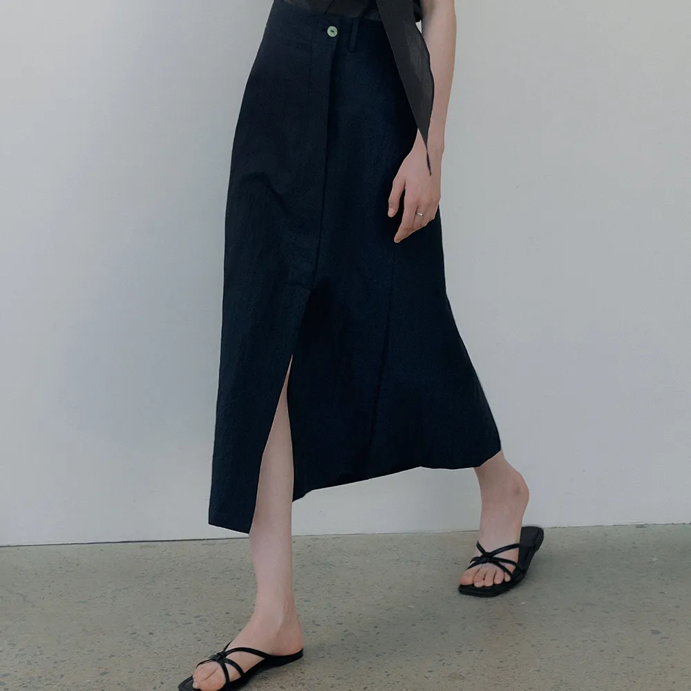  one-button cotton maxi skirt (deep navy) orc 6007