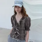 Soft pure ruffle blouse - check brown
