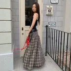 MIXED CHECK SLEEVE TIE FLARE SKIRT IN BROWN