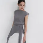 [2nd]Pleated Top & Scarf Set Gray